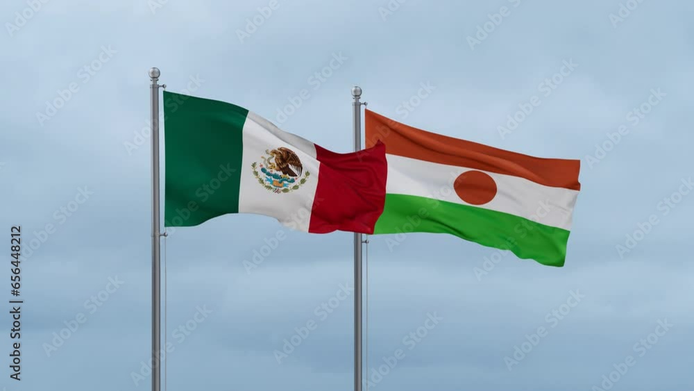 Niger flag and Mexico flag waving together on cloudy sky, endless seamless loop, two country relations concept Niger flag and Mexico flag waving together on cloudy sky, endless seamless loop, two country relations concept
