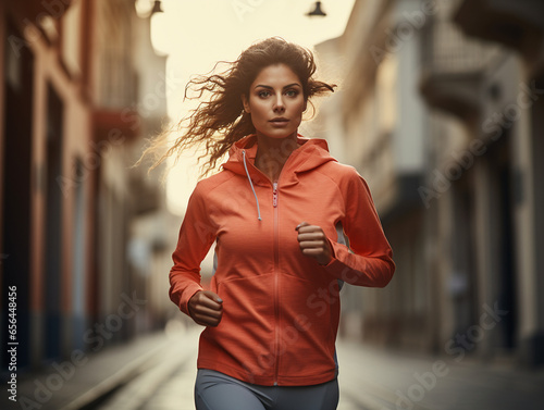 A beautiful young woman in sportswear jogging on the street