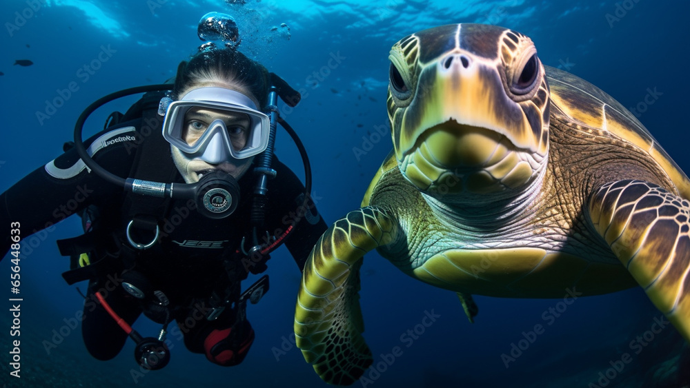 custom made wallpaper toronto digitalUnderwater photo of scuba diver and sea turtle