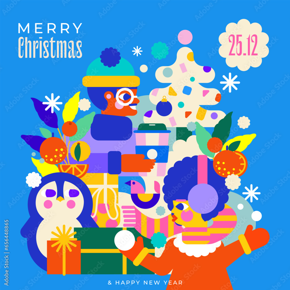 Fototapeta premium Christmas illustration with joyful girl and boy, cute penguin, beautifully wrapped presents, tangerines and shiny Christmas tree. Perfect for creating a festive mood!