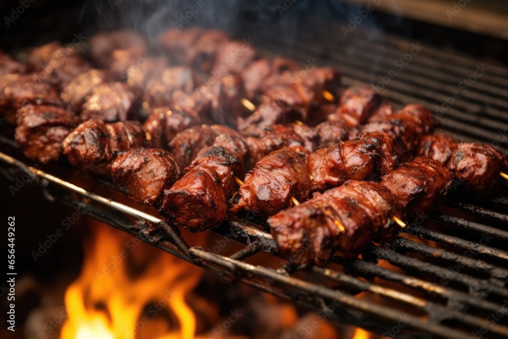 side view of sizzling hot links on an old-style bbq side view of sizzling hot links on an old-style bbq