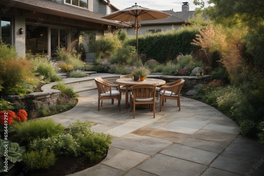 Stunning backyard garden and patio design on concrete floor. Generative AI.