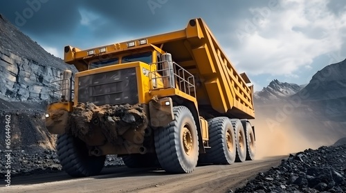 Rock transportation by dump trucks. Large quarry yellow truck. Transport industry. Mining truck is driving along a mountain road. photo