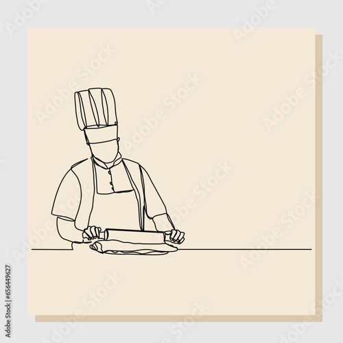 Continuous single line sketch hand drawn drawing of chef man rolling bakery pizza dough use wooden rolling pins. One line concept of bake receipt cooking. Vector illustration