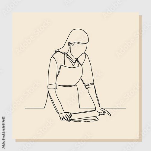 Continuous single line sketch hand drawn drawing of chef woman rolling bakery pizza dough use wooden rolling pins. One line concept of bake receipt cooking. Vector illustration