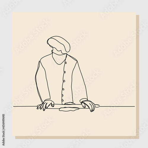 Continuous single line sketch hand drawn drawing of chef man rolling bakery pizza dough use wooden rolling pins. One line concept of bake receipt cooking. Vector illustration