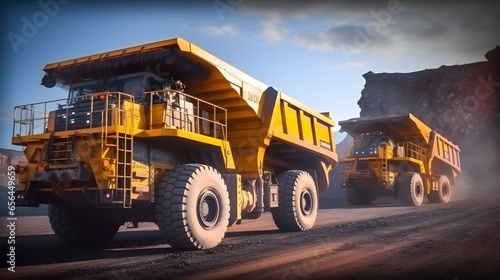 Spot color trucks, two large yellow truck used in a modern coal mine in Queensland, Australia. Trucks transport coal from open cast mine. Fossil fuel industry, Environmental challenge. photo