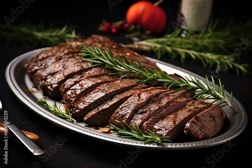 beef brisket slices with rosemary and other fresh herbs on a platter