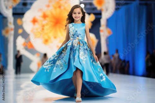 beautiful kid model walking on runway fashion show in designed dress