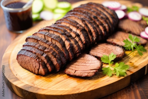 bbq brisket slices displayed in a circular pattern on board photo