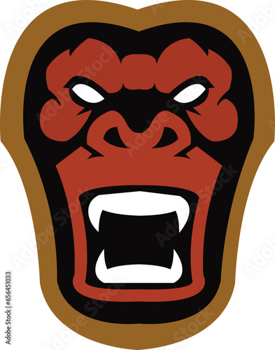 Gorilla logo for a sport team. chimpanzee logo illustration. gibbon mascot design for esport and gaming logo. Dark Red humanoid head emblem. monkey Vector illustration for any kind of graphic design