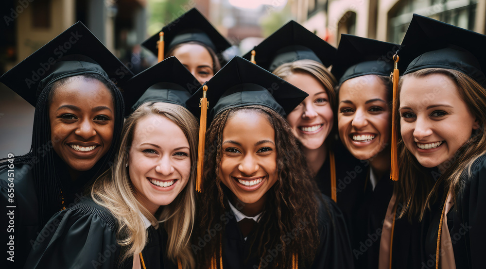 graduating group of college women in their robes