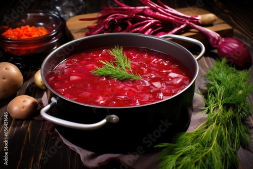 high-angle shot of borscht with chunks of beetroot photo