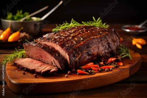 Roasted beef brisket with rosemary on wooden board photo