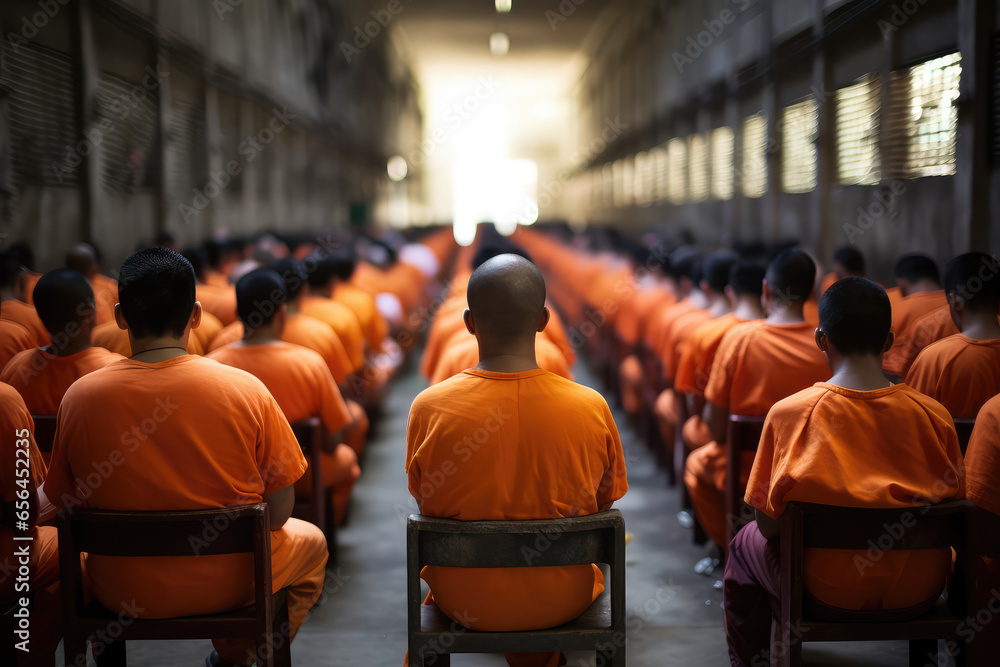 Prisoners in orange shirts at the prison