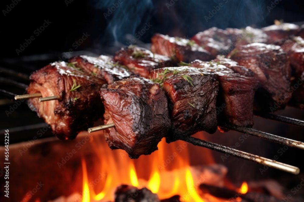 beef ribs on skewer against bbq grill backdrop beef ribs on skewer against bbq grill backdrop