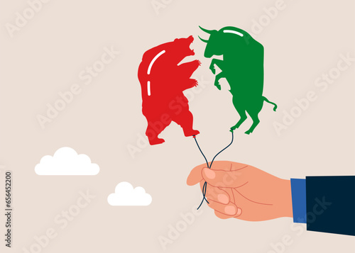 Hand holding balloon bull and bear.  Vector illustration in flat style