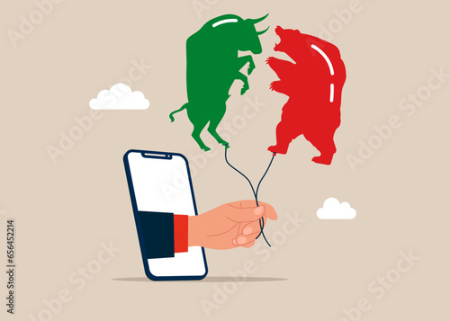 Hand with phone holding balloon bull and bear.  Vector illustration