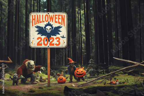 Halloween 2023 sign in the woods