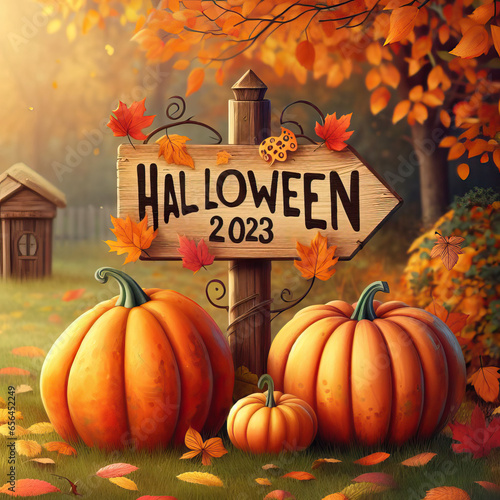 Pumpkins in front of a Halloween 2023 Sign in fall