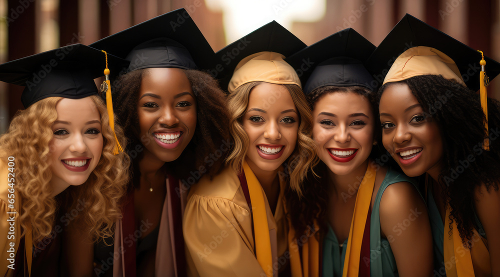 graduating group of college women in their robes - obrazy, fototapety, plakaty 