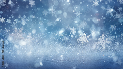 abstract blue snowflakes falling winter weather blurred background.