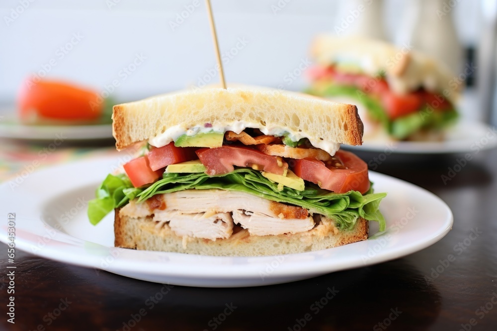 cross-section of a chicken club sandwich on a white plate cross-section of a chicken club sandwich on a white plate