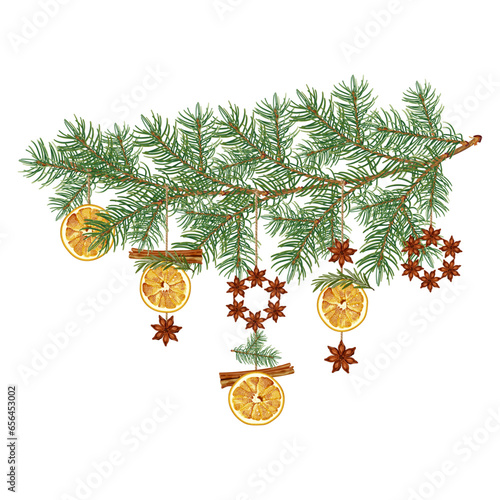 Christmas aroma garland. A spruce branch is decorated with dried oranges, rosemary and anise. Cozy home decor.