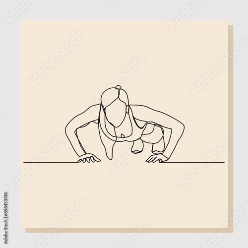 Continuous single line sketch hand drawn drawing of sporty woman training push up work out. One line art concept of gym fitness and healthy life style. Vector illustration