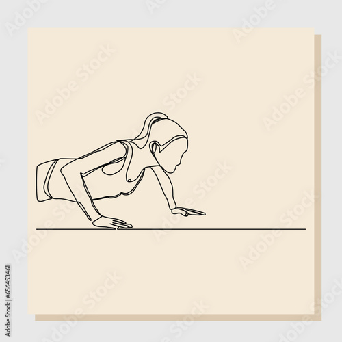 Continuous single line sketch hand drawn drawing of sporty woman training push up work out. One line art concept of gym fitness and healthy life style. Vector illustration