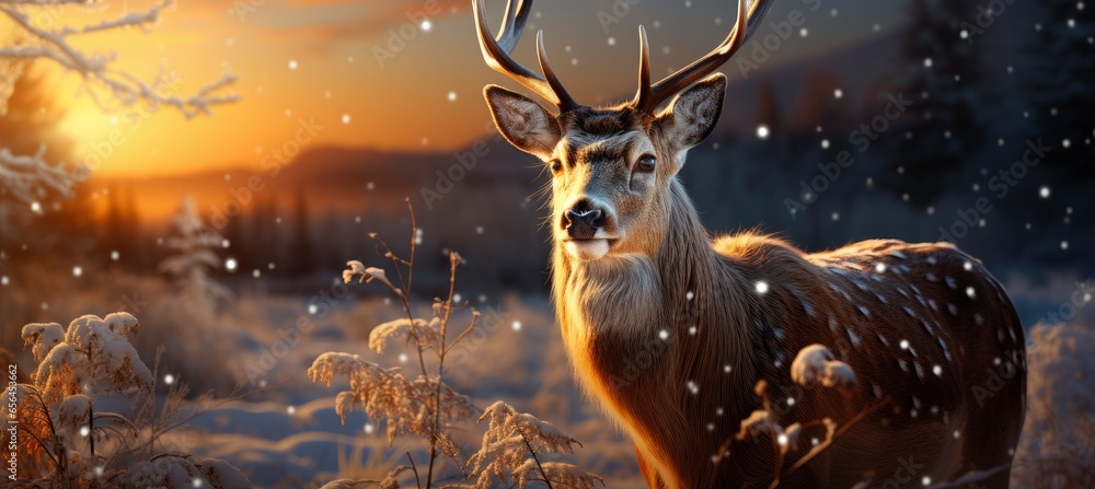 Festive snowy scene featuring snow-covered hills, a mountainous village, deer, woodland, pine trees, and reindeer. Seasonal natural backdrop with fox, elevations, and dwellings. - obrazy, fototapety, plakaty 