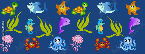 Vector flat children's sea pattern. Crabs, starfish, seahorses, dolphins, jellyfish, turtles, octopuses. Pattern on a blue background.