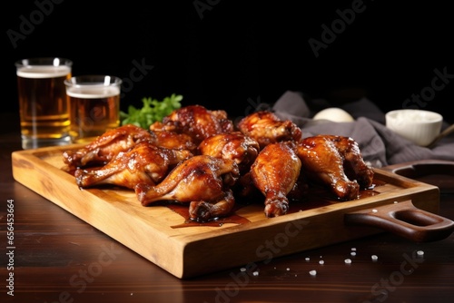 honey glazed chicken wings served on a wooden tray