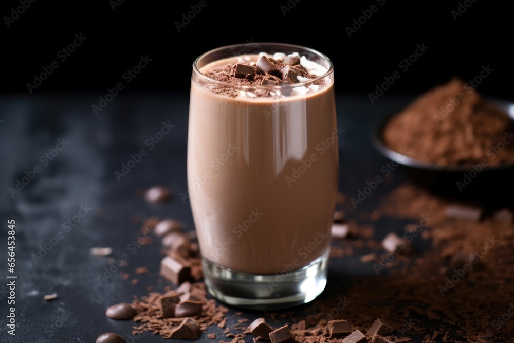 chocolate milkshake in a stemmed glass with grated chocolate on top chocolate milkshake in a stemmed glass with grated chocolate on top