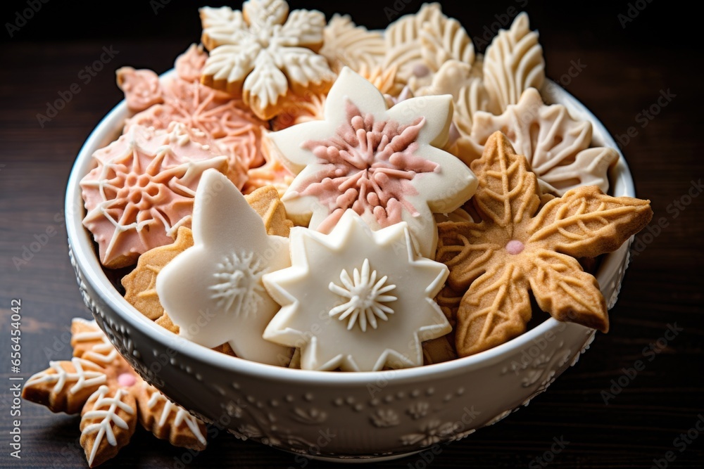 a bowl of frosted christmas cookies in various shapes