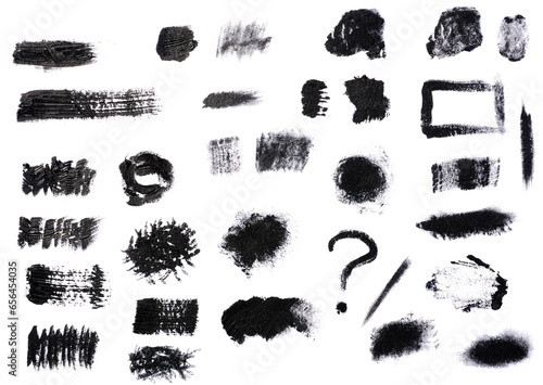 Swatch of black smudged acrylic paint isolated on white background  close up.