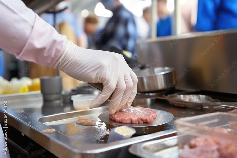 hand testing meat temperature of burger patty at food stall Stock Photo