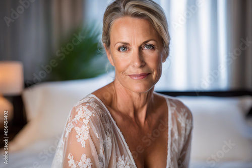 An attractive blonde middle-age woman, poise and elegant, sitting in her bedroom. Closeup portrait of a mature white woman in her 50s, ageing gracefully, looking beautiful and sensual. photo