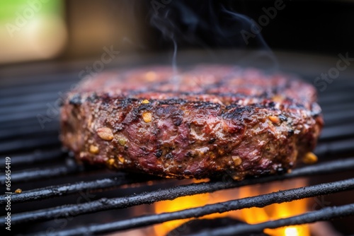 close up of burger patty flipped on a smoky grill