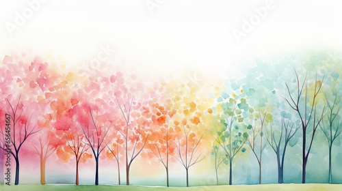 Spring romance unfolding in the park, watercolored leaves and trees welcoming the season of cherry blossoms. Copy space for creating beautiful cards, banners, and engaging social media.