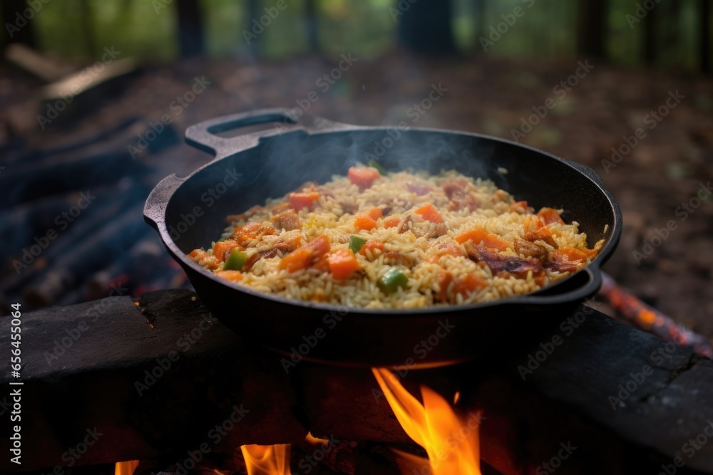 iron skillet on campfire, containing fried rice