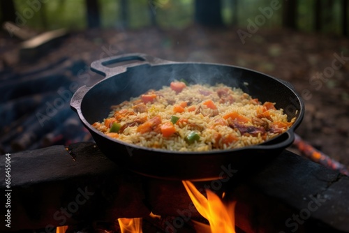 iron skillet on campfire, containing fried rice