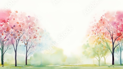 Romantic spring in the park, watercolored leaves and trees greeting the spring and cherry blossom. Copy space for beautiful card, banner, social media.