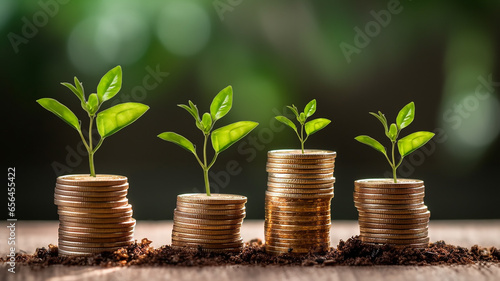 the concept of growth investment business green shoots on coins.