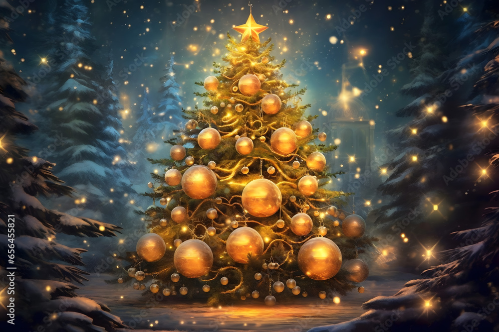 Fototapeta premium christmas tree decorations, santa claus with gifts, snowman in the snow, christmas gift boxes