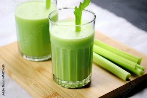 hand celery stalks next to a glass of celery juice