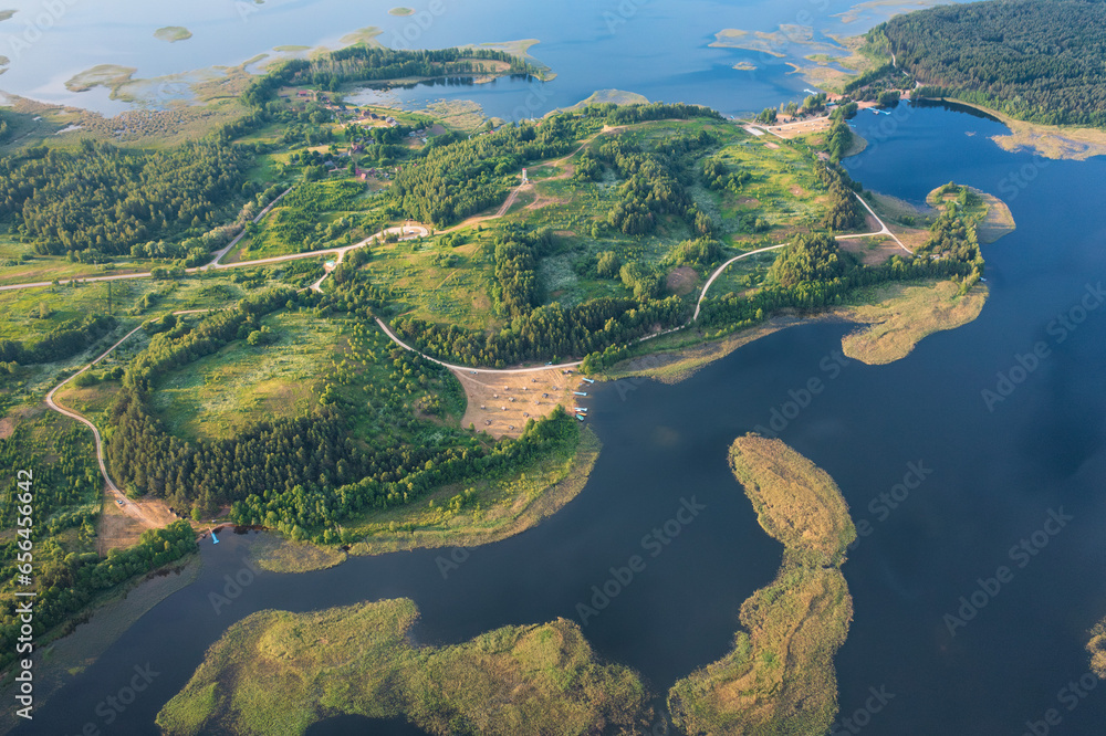 Aerial view of the Snudy and Strusto lakes in the Braslav lakes National Park. Beautiful summer nature of Braslav lakes. Wonderful trip and relaxation on Braslav lakes in the National Park.