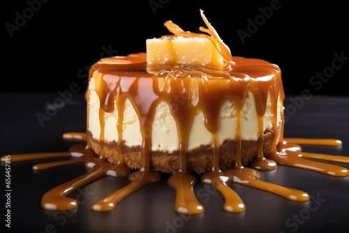 a cheesecake topped with a drizzle of caramel