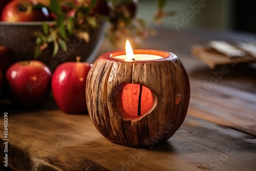 homemade apple candle holder on a rustic table