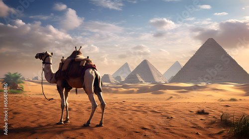 A camel stands with a view of a pyramid in the middle of the desert.